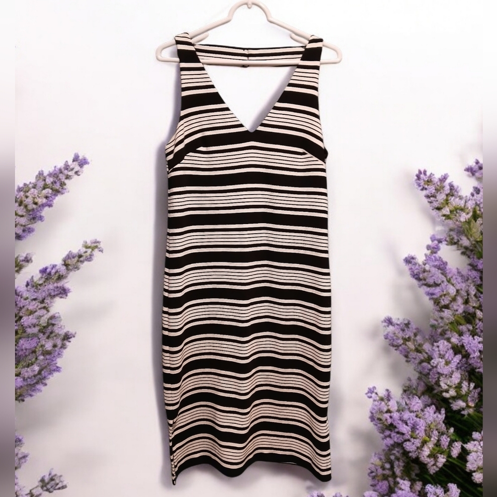 Betsy Johnson Stretch Black White Striped Midi Dress Womans size 8